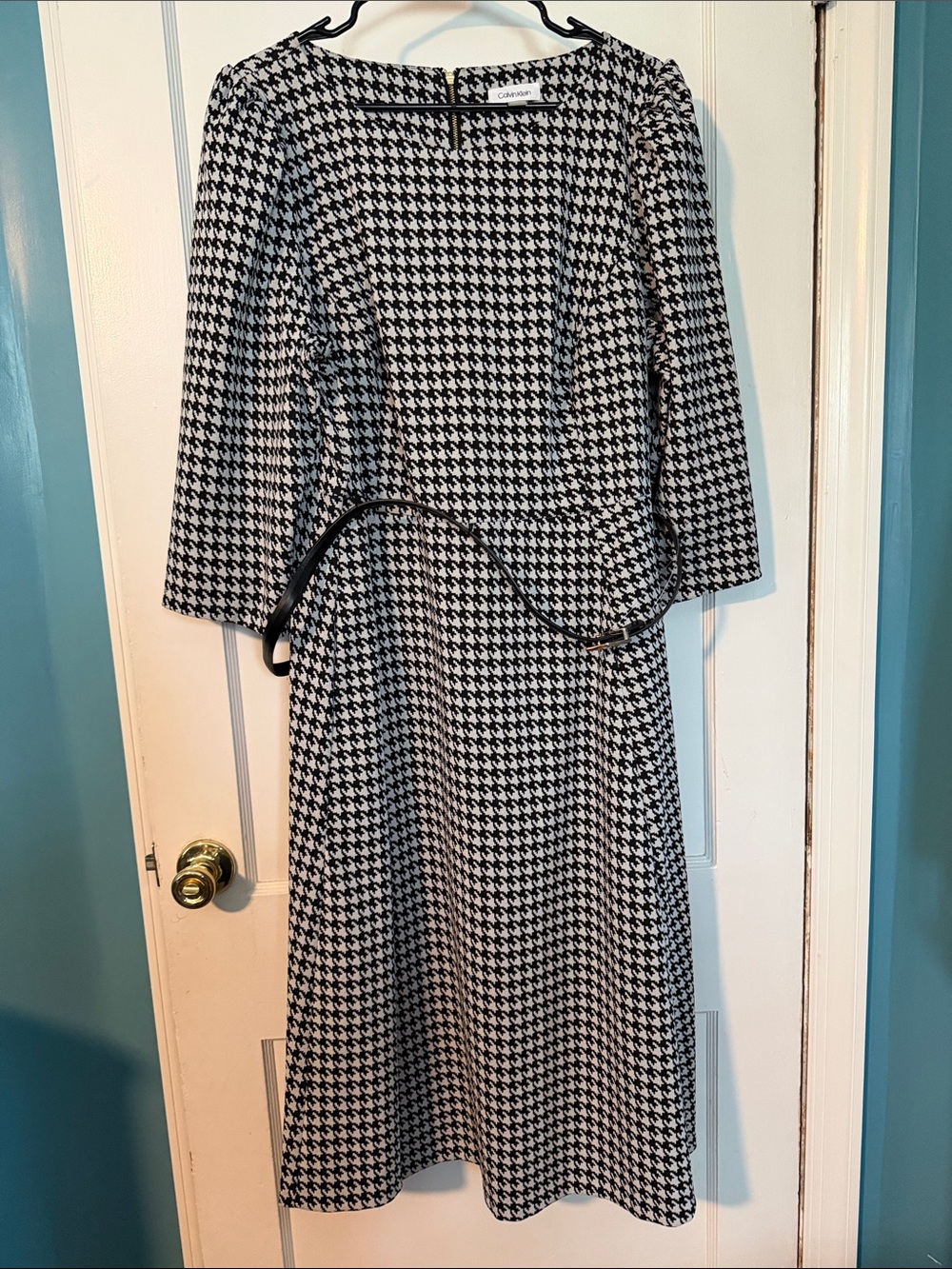 Calvin Klein Black and White Houndstooth Long Sleeve Dress